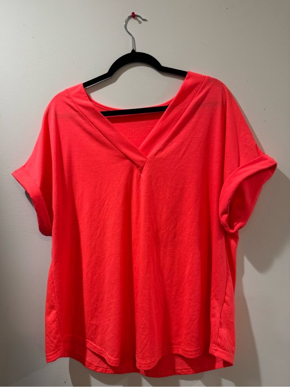 SHEIN Bright Pinkish Orange V-Neck Dolman Sleeve Tee